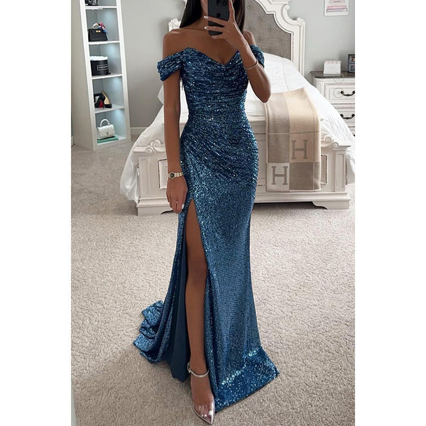 Damen Paillettenkleid One-Shoulder mit Schlitz - Elegantes Abendkleid Partykleid Cocktailkleid - Alverno