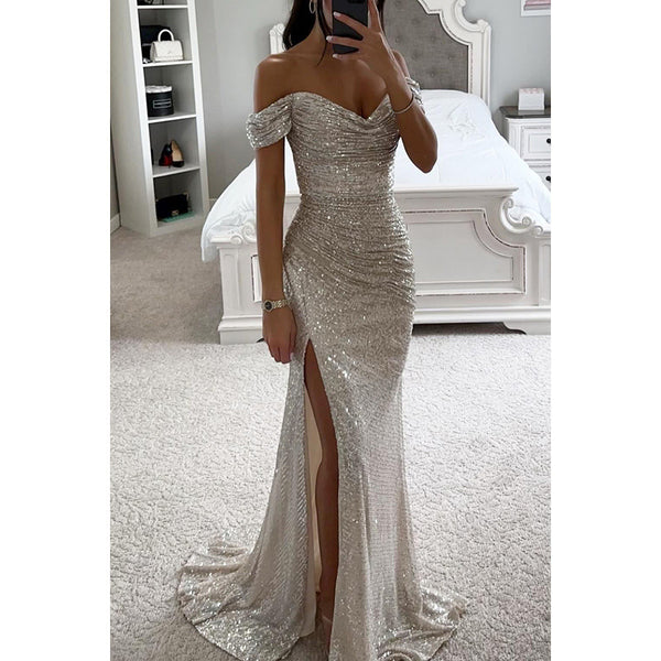 Damen Paillettenkleid One-Shoulder mit Schlitz - Elegantes Abendkleid Partykleid Cocktailkleid - Alverno