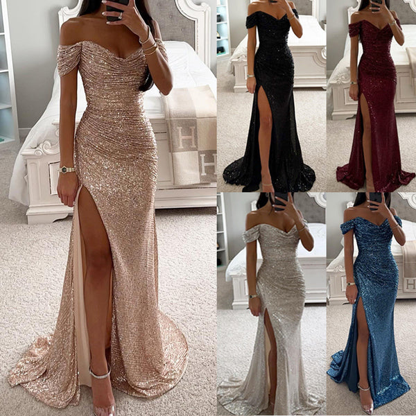 Damen Paillettenkleid One-Shoulder mit Schlitz - Elegantes Abendkleid Partykleid Cocktailkleid - Alverno