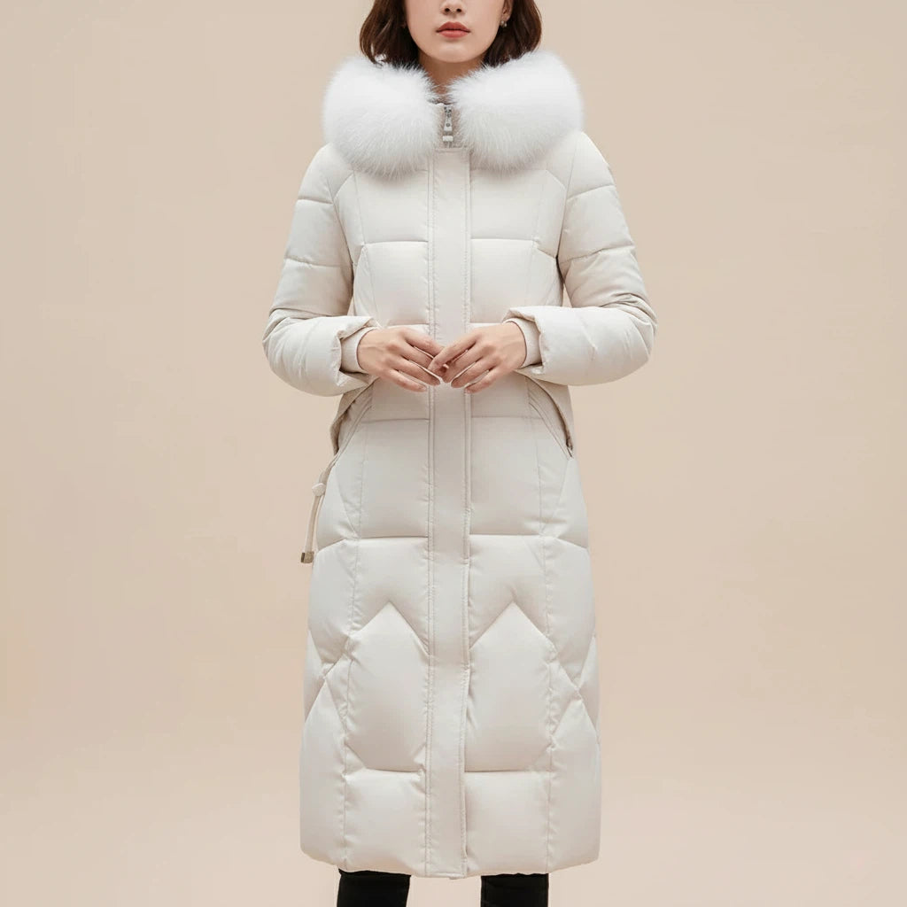 Wintermantel Damen Knielang mit Kapuze und Kunstpelz | Alltag - Alverno