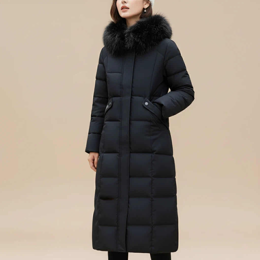 Wintermantel Damen Knielang mit Kapuze und Kunstpelz | Alltag - Alverno