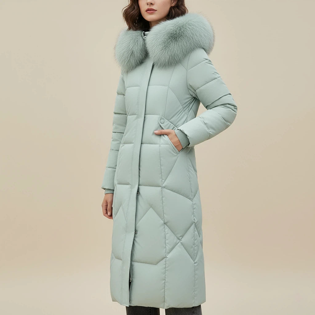 Wintermantel Damen Knielang mit Kapuze und Kunstpelz | Alltag - Alverno