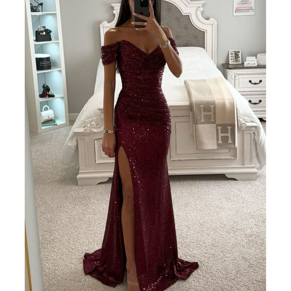 Damen Paillettenkleid One-Shoulder mit Schlitz - Elegantes Abendkleid Partykleid Cocktailkleid - Alverno