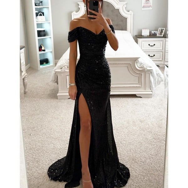 Damen Paillettenkleid One-Shoulder mit Schlitz - Elegantes Abendkleid Partykleid Cocktailkleid - Alverno